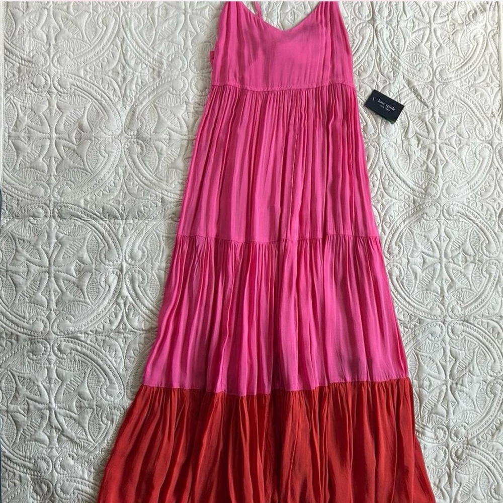 Kate Spade Pink and Red Maxi Dress tiered Colorblock Tie Bow back cover up sz XS - Picture 3 of 9